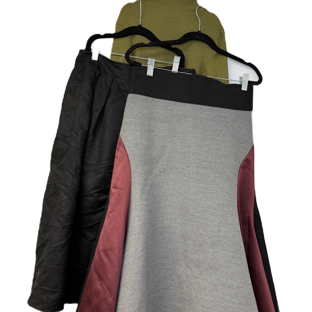 Women’s sz 6 Green ribbed turtleneck Black & Gray Midi A-Line Skirt bundle 3 set